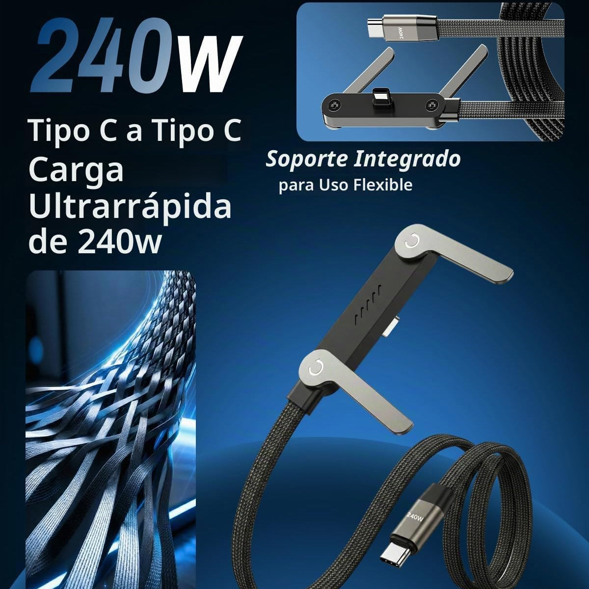 Cable Cargador 240W Pro Con Soporte Plegable Integrado🚚Envió Gratis + Pago Contra Entrega